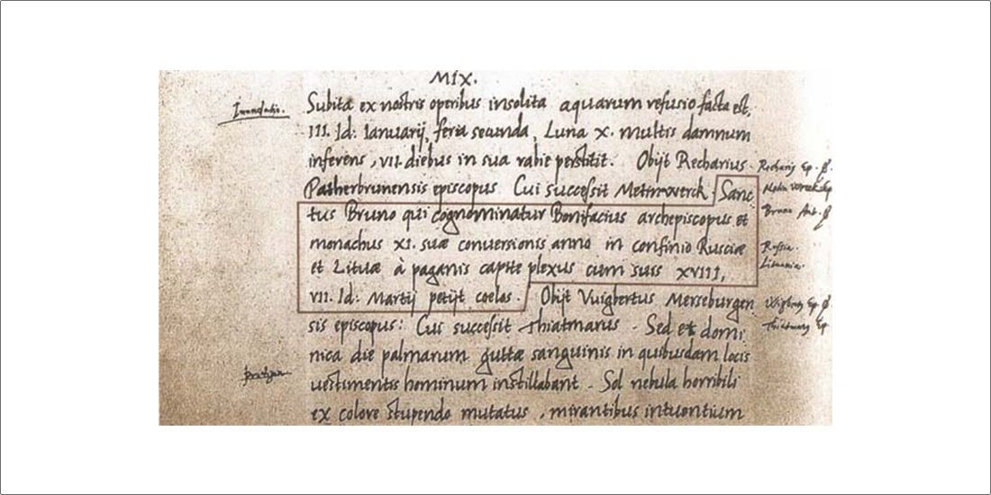 Lotynų kalba parašytų Kvedlinburgo analų fragmentas, kuriame pirmą kartą paminėtas Lietuvos vardas