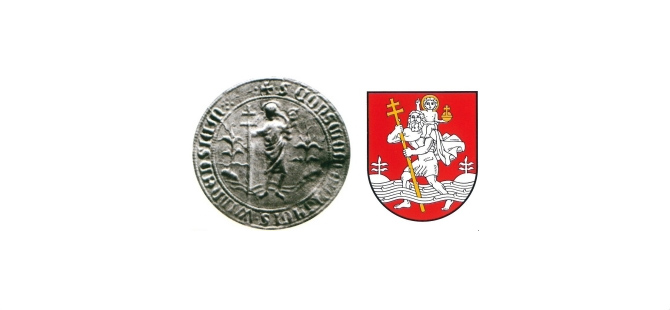 XIV a. Vilniaus antspaudas su miesto herbu ir dabartinis Vilniaus herbas, vaizduojantis šv. Kristoforą, nešantį kūdikėlį Kristų per upę